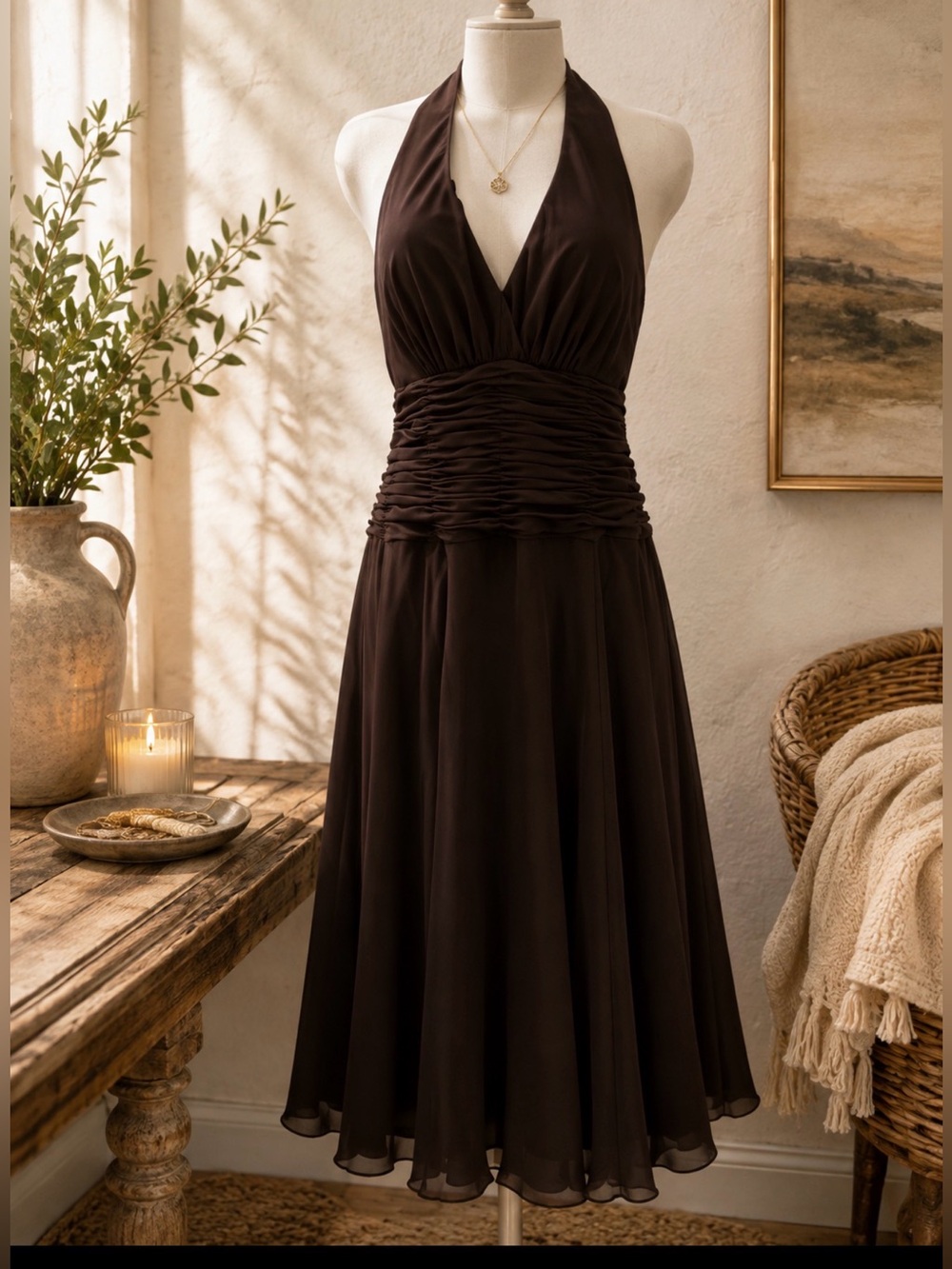 Randa Chocolate Brown midi halta dress size 18 pit to pit 19